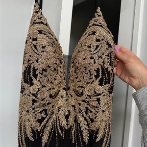 Luxurious Black and Gold Embroidered Prom Dress